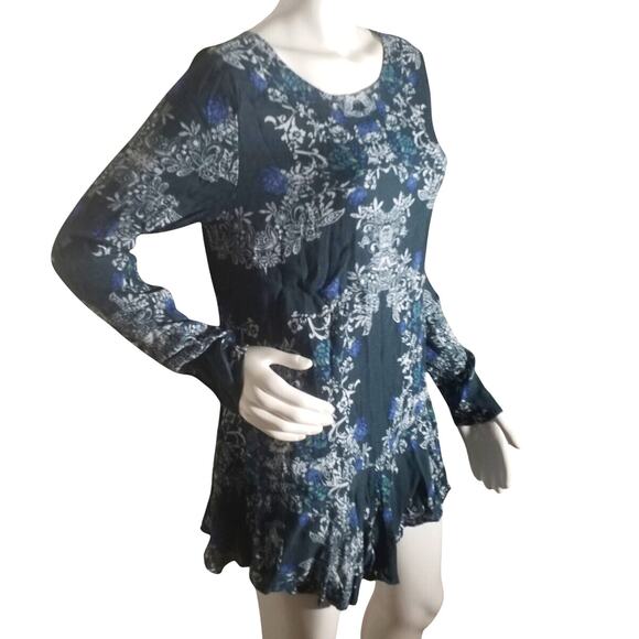 Free People Smooth Talker Green Floral Mini Dress Medium Long Sleeve Pockets - Picture 2 of 7